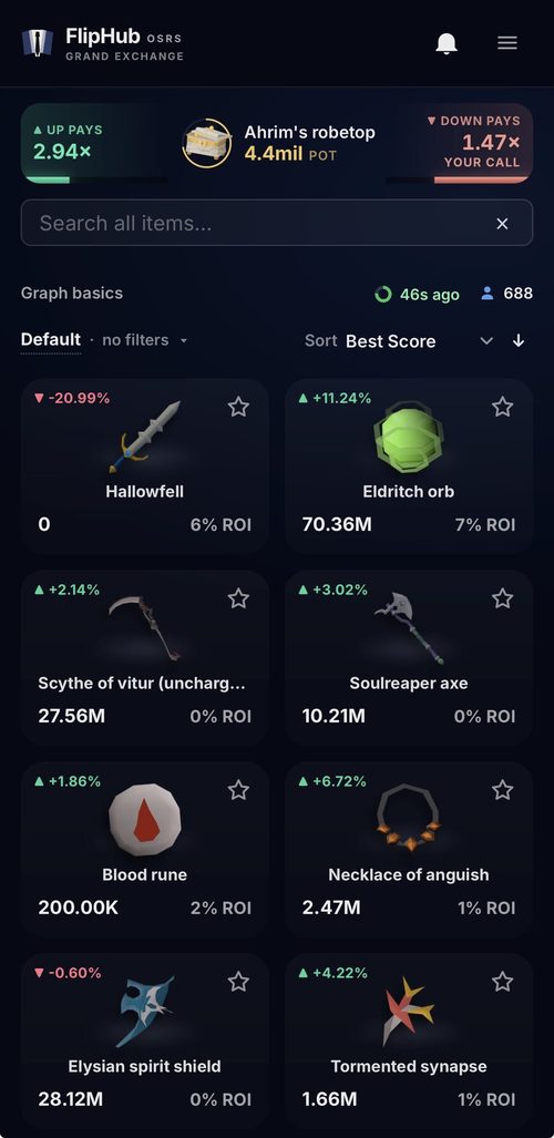 FlipHub mobile dashboard: the daily round, a search field, and item cards with live price movement and ROI